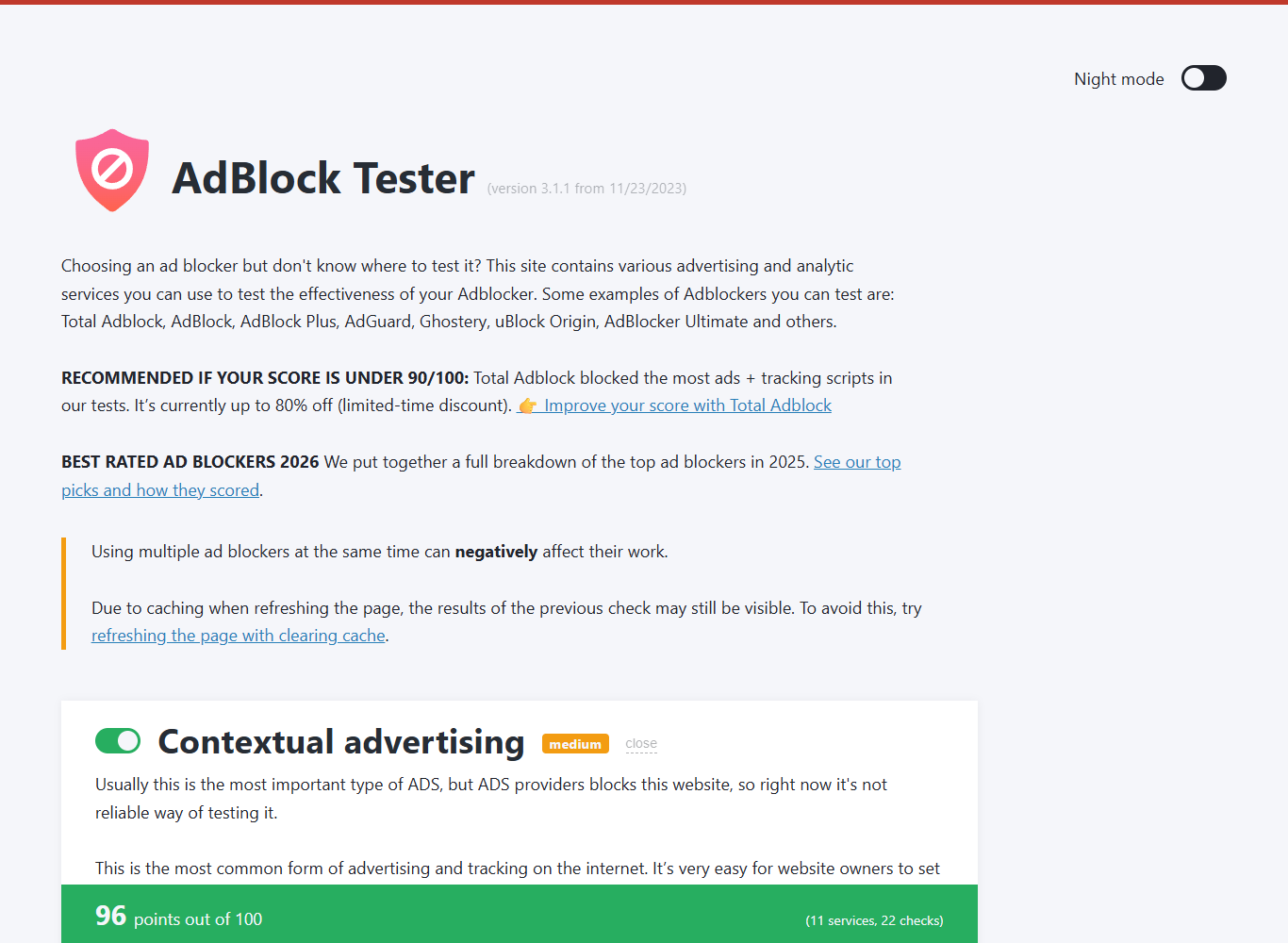 uBlock Origin이 AdBlock Tester에서 100점 만점에 96점을 기록